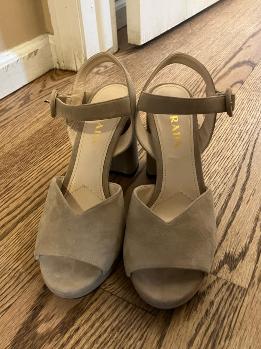 PRADA Nude Suede Two-Band Platform Sandal - Picture 3 of 7